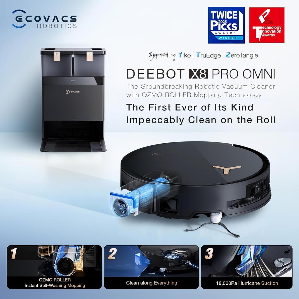 ECOVACS DEEBOT X8 PRO Omni Robot Vacuum Cleaner with Mop Function, OZMO Scooter with Continuous Mopping & Self Cleaning, 18,000 Pa, 12-in-1 Station