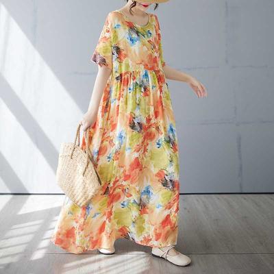 Женская простая и модная длинная юбка летнее платье с короткими рукавами и круглым вырезом с принтом