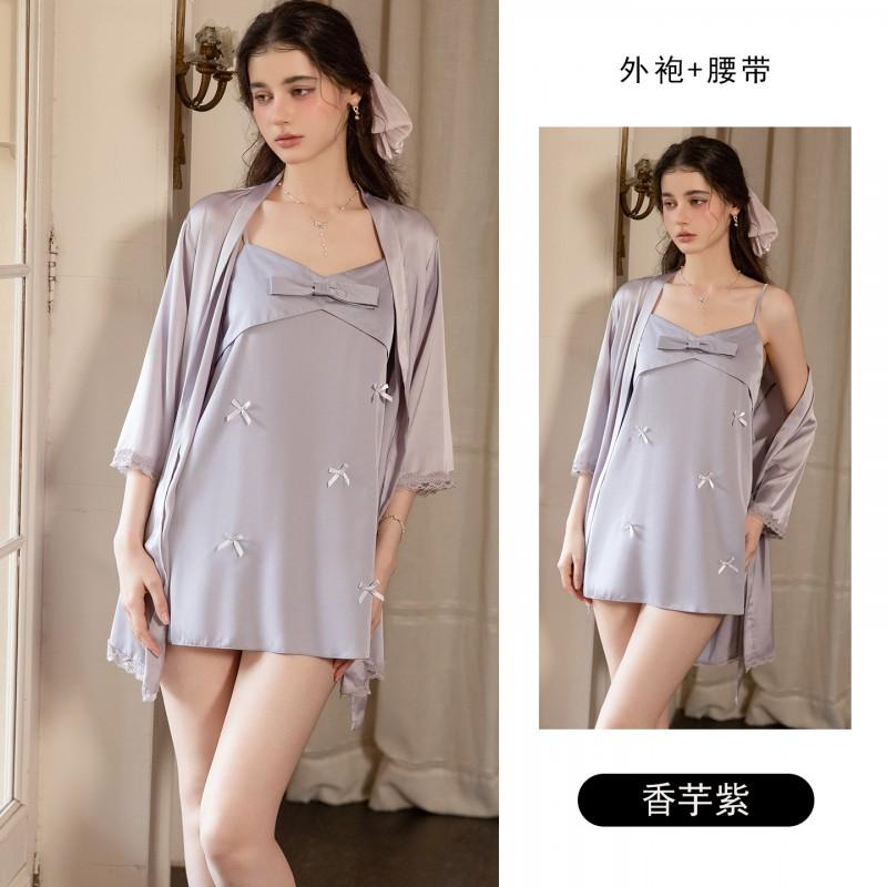 Womens Satin Lingerie Set Deep V-Neck Backless Bow Slip Dress Robe Homewear W6884