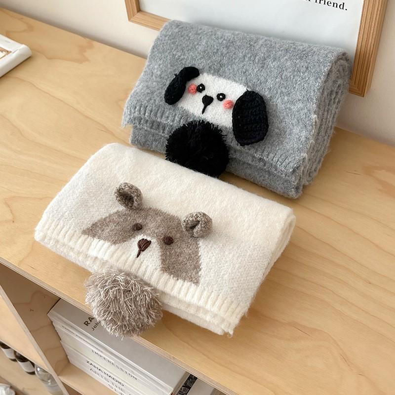 Cozy Knitted Scarf With Cute Animal Embroidery Women Winter Warm Soft Plush Neck Wrap In Gray Or Cream