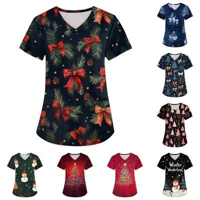Женская модная футболка с короткими рукавами и v-образным вырезом с принтом, маленькая рабочая футболка с карманами