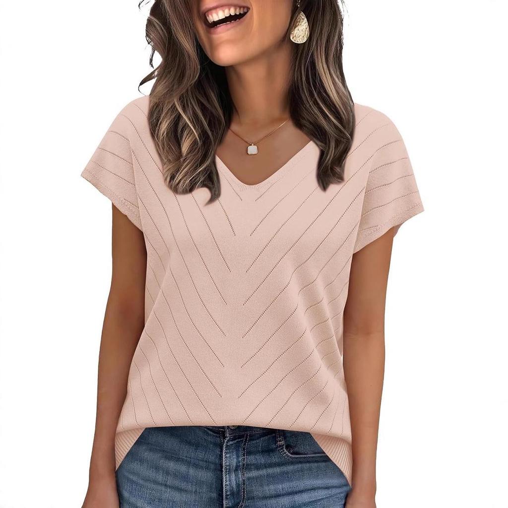 Летний горячий тренд 2026 года Пляжный отдых Короткий рукав V-образный вырез Ажурный повседневный вязаный свитер для женщин