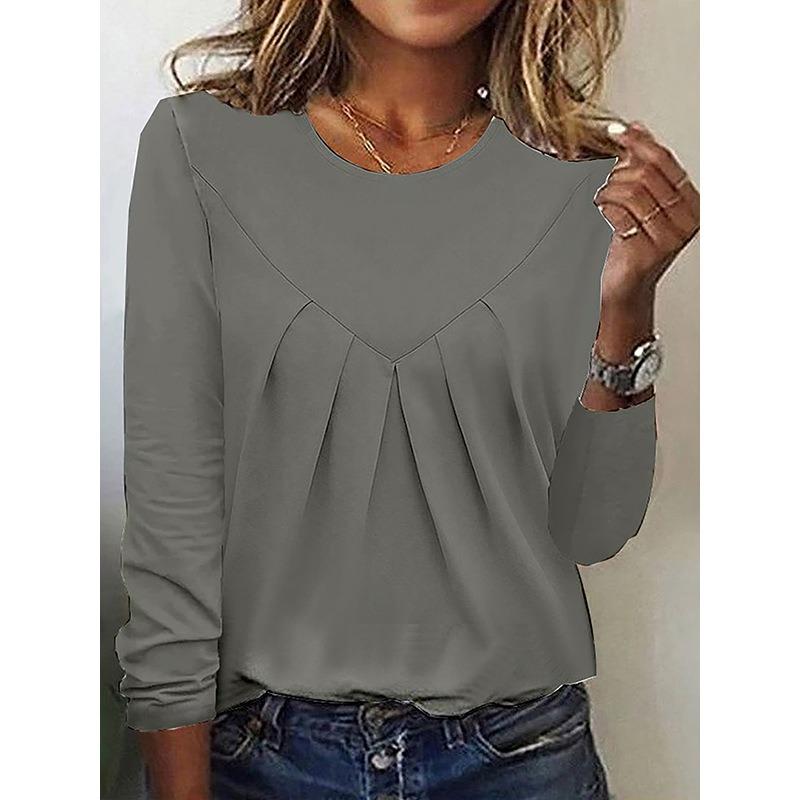 Daily Home Simple Elegant Women Pullover Top Wrinkled Base Shirt Long Sleeved T-shirt