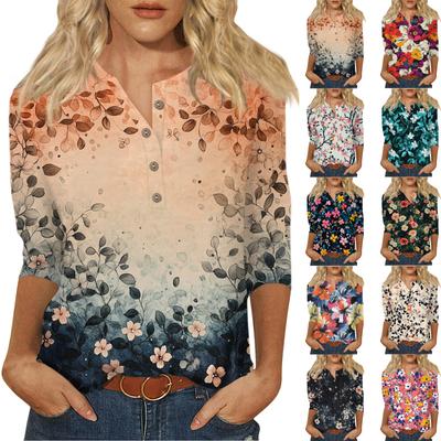 Женский свободный повседневный топ с рукавом семь четвертей и цветочным принтом с круглым вырезом на пуговицах