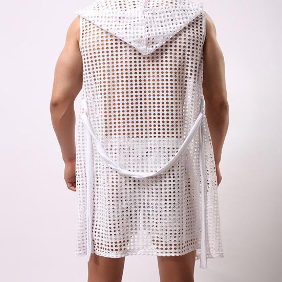 Мужчины сексуальные ночные рукавы с капюшоном с твердым цветом Hollow Out Mesh Summer Loungewear Крушковая ночная одежда домашняя одежда домашняя одежда