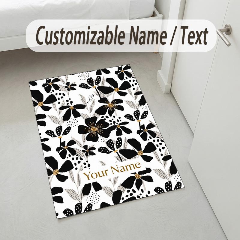 Floral Theme Soft Crystal Velvet Rug Custom Name & Text Print Non Slip Floor Rug for Bedroom Living Room