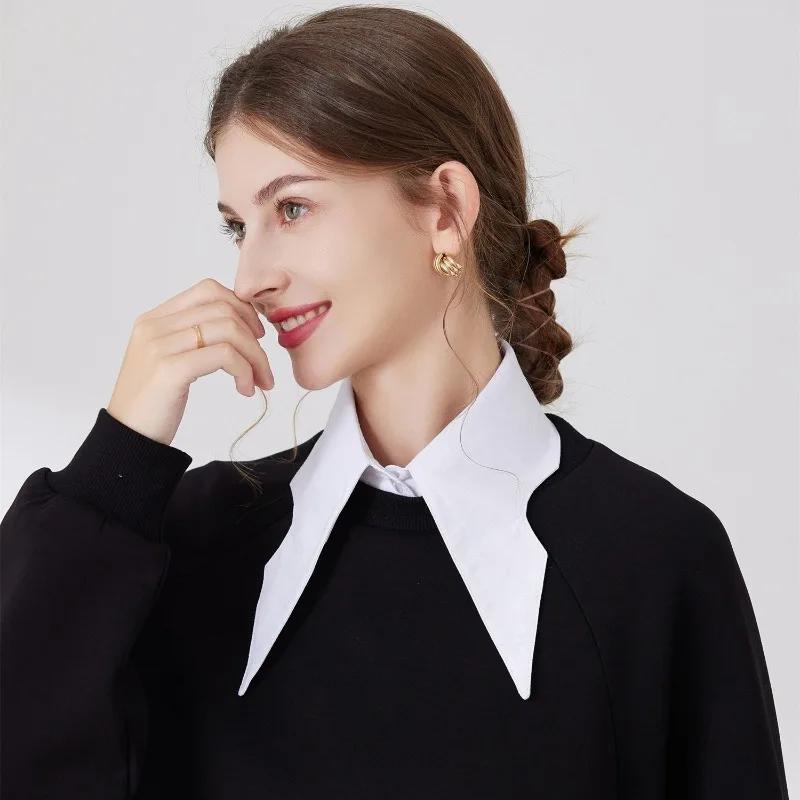 Women White Long Pointed Fake Collar Big Lapel Fake Collar Detachable Lapel Half Shirt Cotton False Collars