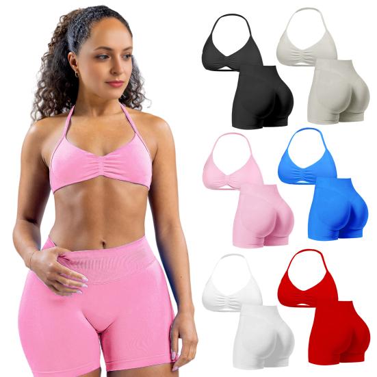 Комплект из 2 предметов для тренировок: Топ на бретелях с открытой спиной и Спортивные шорты с высокой талией и ремешками для женщин