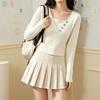 Women’s White Ribbed Square Neck Knit Sweater - Faux Layered Style, Loose Fit for Autumn/Winter