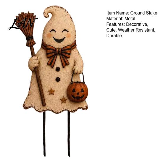 Spooky Pumpkin Yard Signs Halloween Cute Ghost Ground Stakes, Metal Art Sculpture with Pumpkin/Broomstick Elements for Outdoor Garden Stakes Lawn And