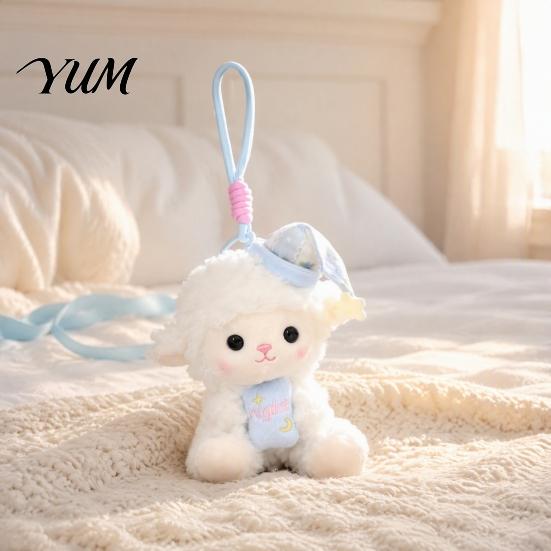 Decorative Hanging Plush Goodnight Sheep Keychain, Cute Sleepy Lamb Stuffed Toy with Nightcap, Sitting Soft Fluffy Bag Charm for Backpack And Nursery