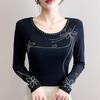 Весна Осень Женская Футболка со Стразами Горячей Фиксации Элегантная С Круглым Вырезом и Длинным Рукавом Приталенные Женские Топы