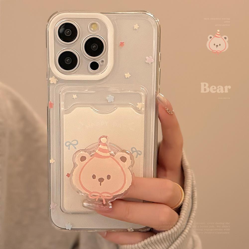 Cute Bear Stand Card Holder for IPhone17 for Apple 15promax Phone Case Cute 11 Full Cover 16 Transparent