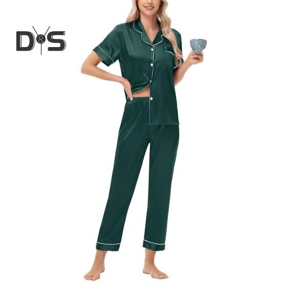 Пижамный костюм из 2 предметов, однобортный, из атласа, шелка, большого размера, кардиган, рубашка с V-образным вырезом, воротник-стойка, однотонная рубашка, широкие свободные брюки, ночная рубашка