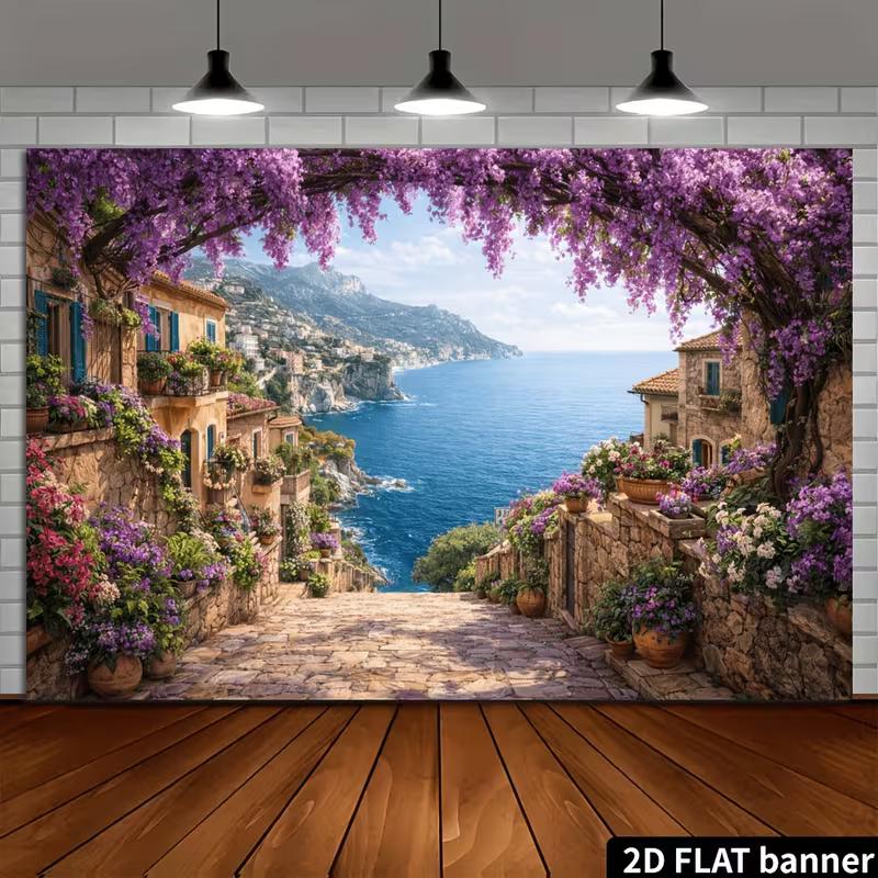2D Mediterranean Coastal Town Backdrop, Wisteria Arch Banner
