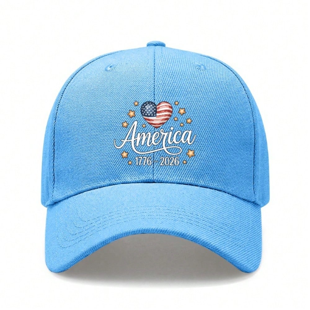 [Patriotic Baseball Cap] 2026 Anniversary AMERICA Heart Print Polyester Adjustable Breathable Curved Brim Casual Outdoor Sports Baseball Hat For July