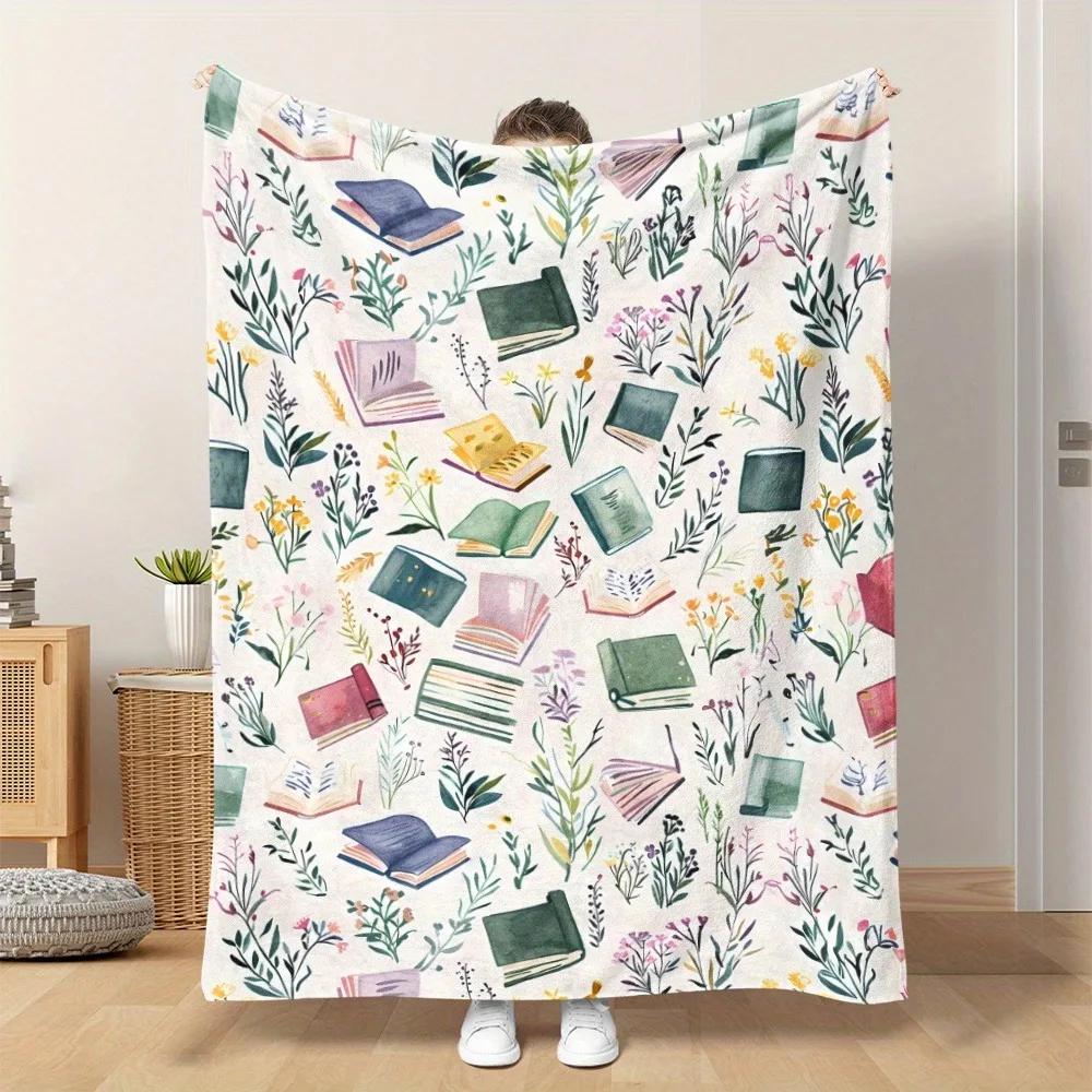 1PC Watercolor Books & Wildflowers Pattern Blanket – for Sofa, Bed, Travel, Camping, Living Room, Office Chair, All-Season Décor