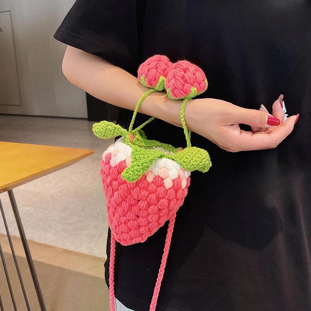 Knitted Shoulder Bag Crochet Crossbody Lovely Decorative Strawberry Shaped Handbag Purse for