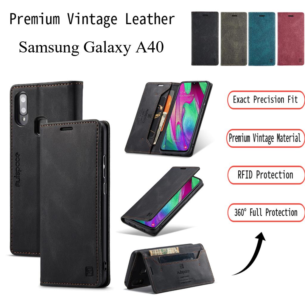 Премиальный винтажный кожаный чехол-кошелек для Samsung Galaxy A40 - Блокировка RFID, откидная крышка со слотами для карт (4 цвета)