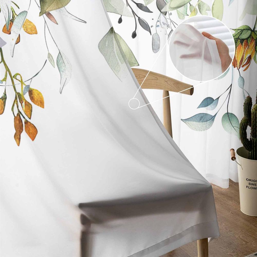 Plant Leaves Sunflower Flower Sheer Curtains for Living Room Decoration Window Curtains for Kitchen Tulle Voile Organza Curtains