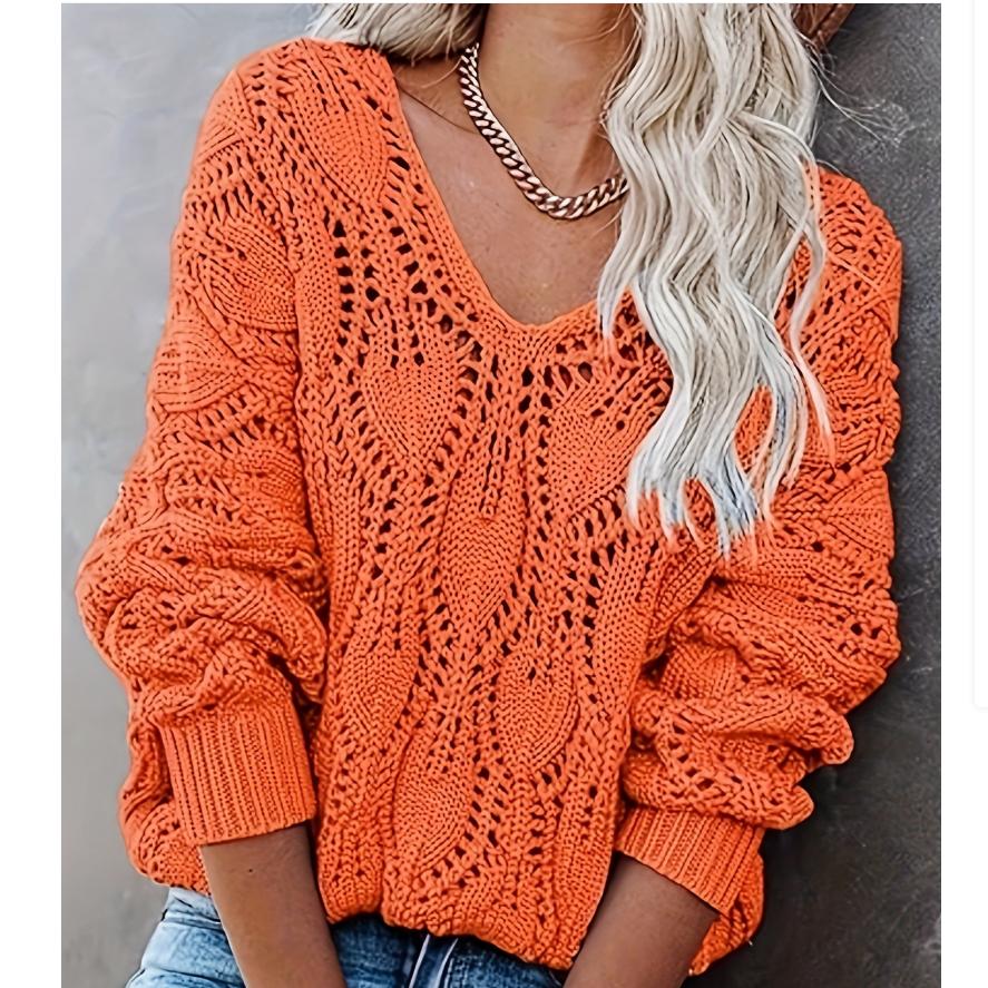 Sweater Autumn and Winter Casual Hollow V-neck Long-sleeved Loose Knit Sweater Pullover Sweater Women