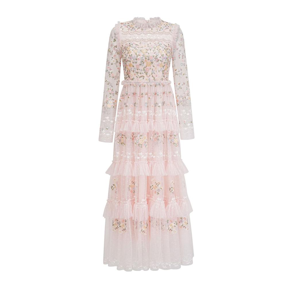 Spring and Hot Season Embroidery Fairy Gas Round Neck Waist Pendulum Gown Dress