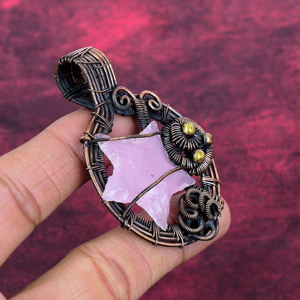 Pink Chalcedony Rough Gemstone Pendant Copper Wire Wrapped Jewelry Dainty Pendant