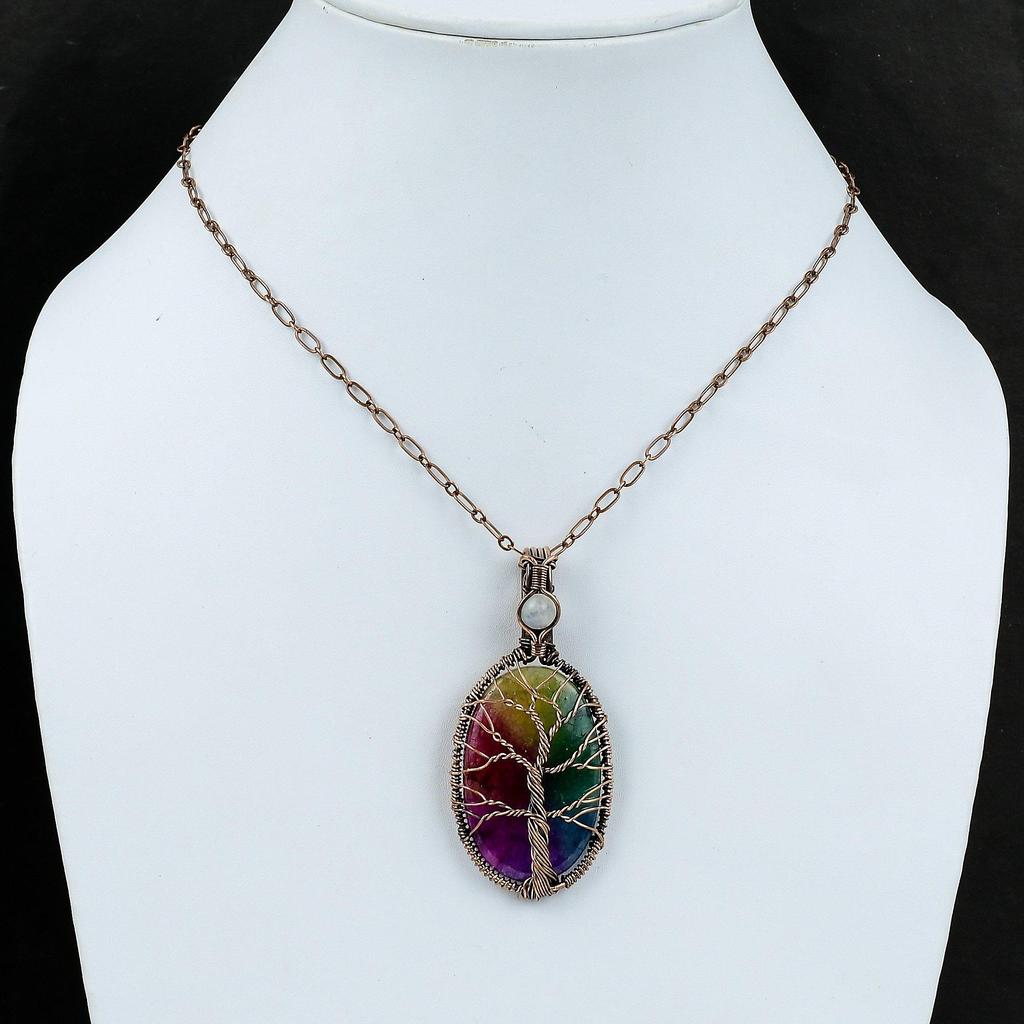 Tree Of Life Rainbow Solar Quartz Druzy Pendant Copper Wire Wrapped Pendant Moonstone Pendant Real Gemstone Pendant Handmade Copper Jewelry