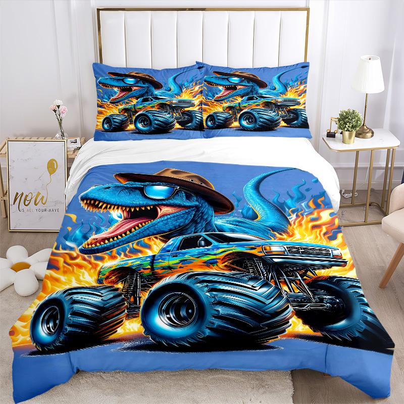 Dinosaur Monster Truck Flames Print 3Pcs Bedding Setduvet Cover With 2 Bedropillowcase Home Birthday Gift
