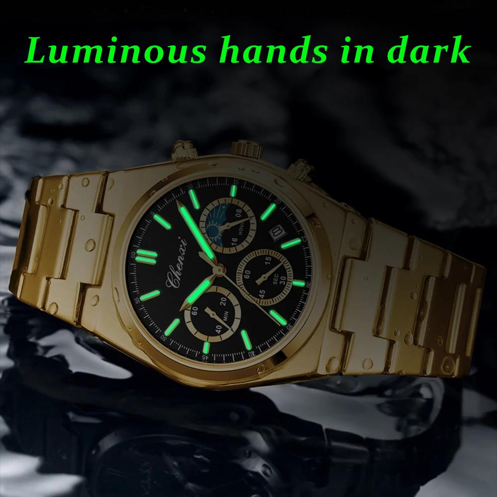 Модные часы-хронограф для мужчин, роскошные водонепроницаемые светящиеся часы с датой, золотые кварцевые мужские наручные часы Reloj Hombre