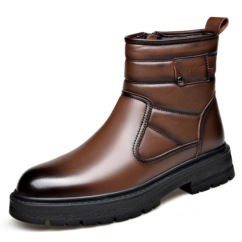 Зимние новые дизайнерские сноубутсы для мужчин из натуральной кожи, теплые хлопковые туфли, мужские модные повседневные однотонные ботильоны на платформе, мужские