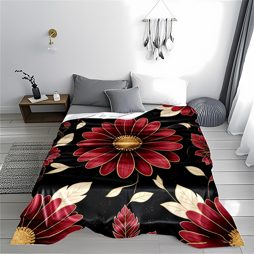 Red Floral blanket with Golden Leaves on Black Background Design blanket, suitable for use in the bedroom, living room, on the sofa