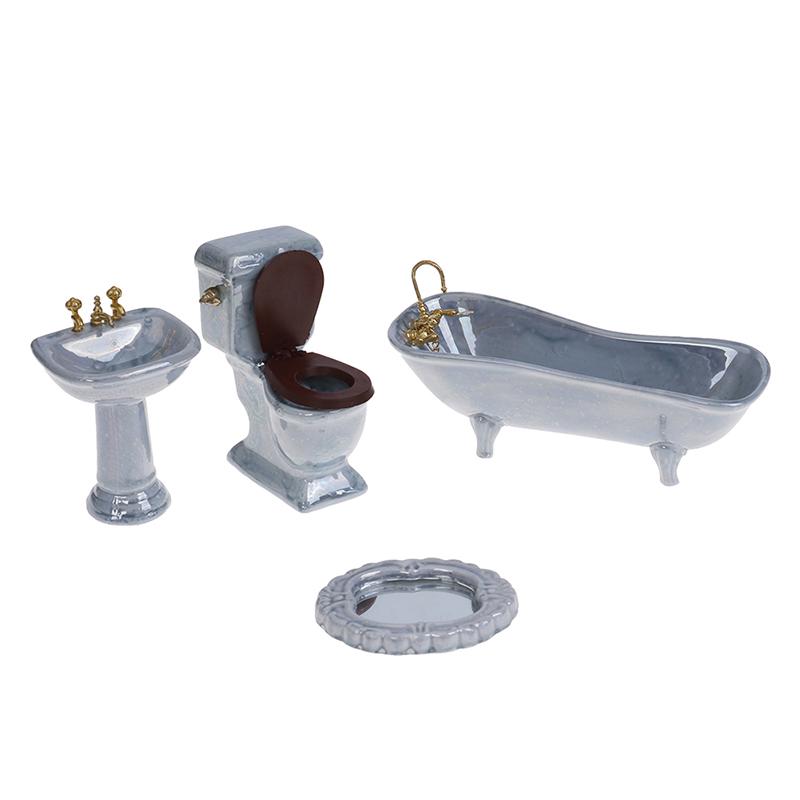 1:12 Dollhouse Miniature Blue Porcelain Bathroom Set Toilet Basin Bathtub