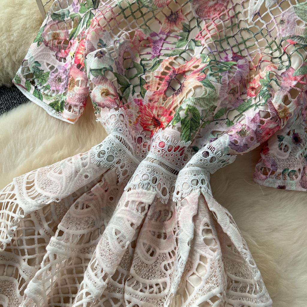 Элегантное длинное платье French Chic для женщин, вязаное крючком, ажурное кружевное, цветочное, женское платье с круглым вырезом, с коротким рукавом, Vestidos, дропшиппинг