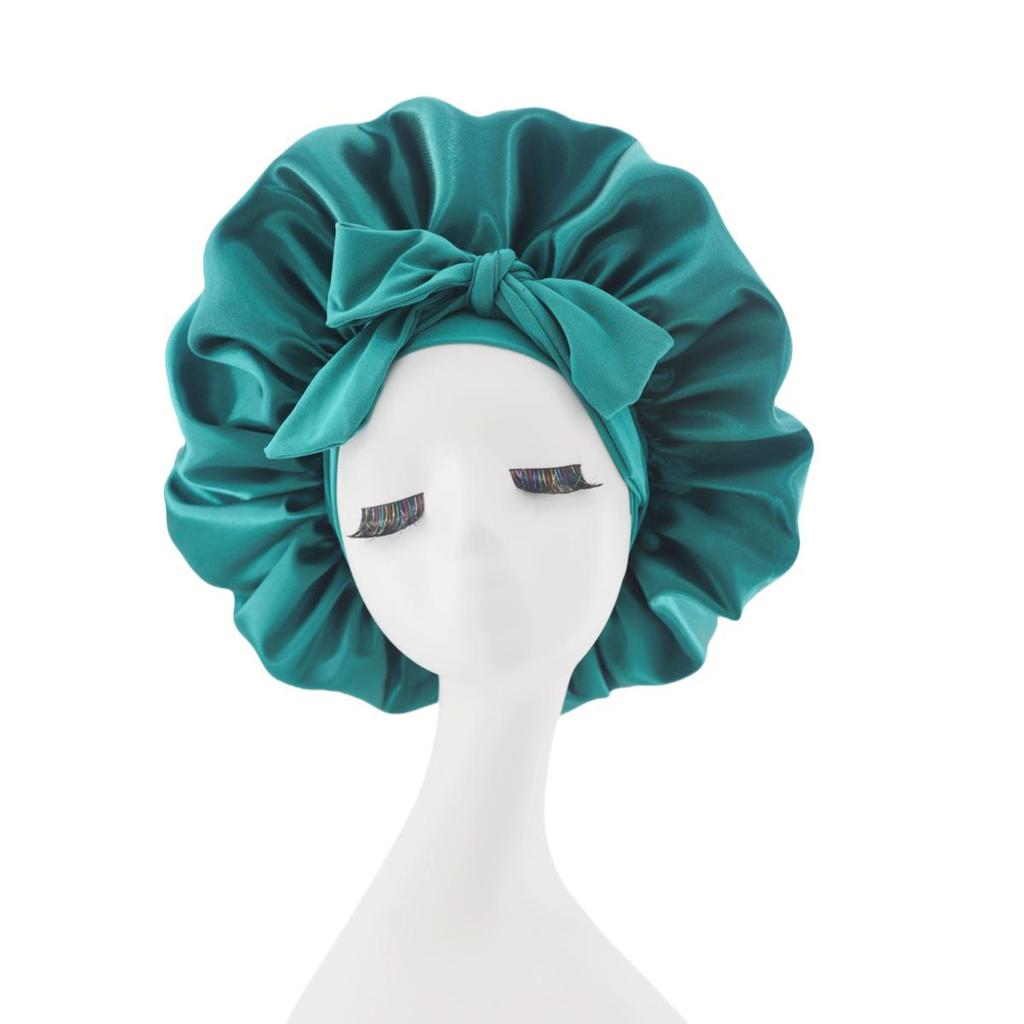 Silk Satin Sleep Cap with Ribbon Bow for Women - Elastic Wide Brim Bath Headscarf Hat for Hair Care