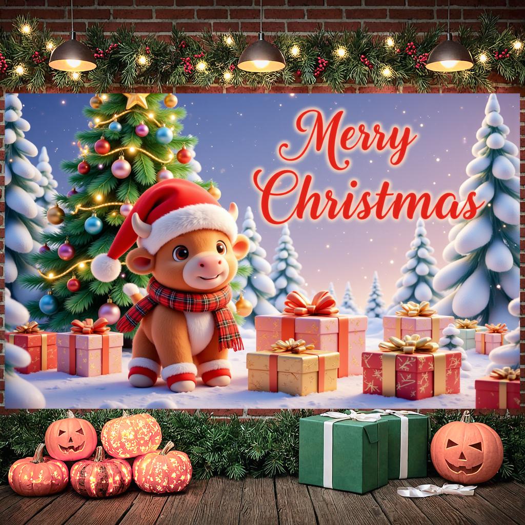 Xmas Backdrop Gift Box Decor Winter Celebration Banner Santa Cow Banner Red & Green Holiday Background For Christmas Party Home