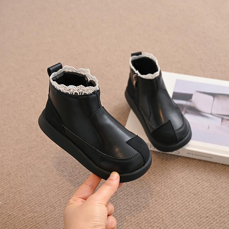 Kids Princess Boots with Sweet Lace Girls Short Leather Boots Non-slip Children Ankle Boots Elegant 2024 Autumn Winter New