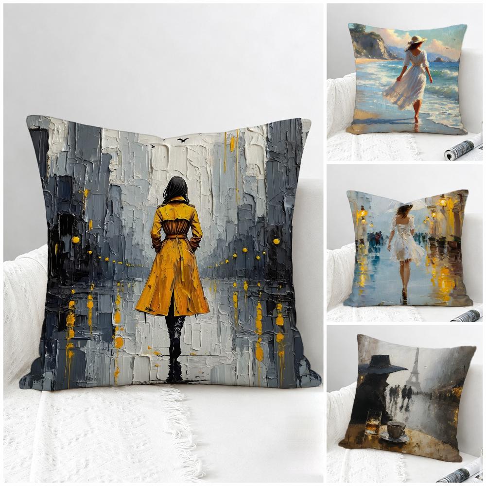 Art Surreal City Girl Oil Painting Cushion Cover Natural Linen Pillowcase Set AllinOne Decor for Sofa Bedroom Chair