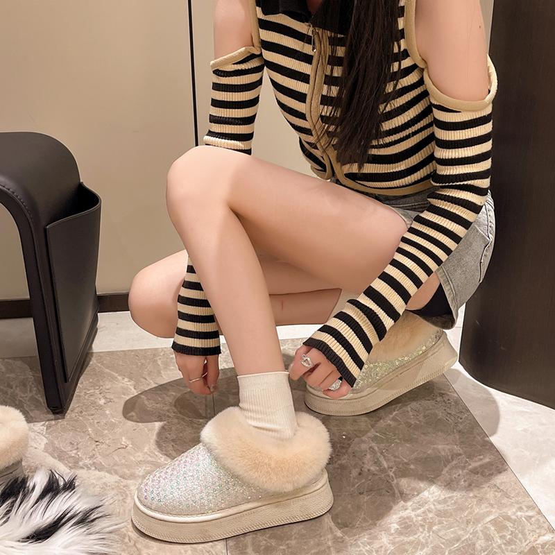 Shiny Sequin Non-Slip Snow Boots Women Winter Faux Fur Platform Plush Ankle Boots Woman Flat Heel Thick Bottom Warm Cotton Botas