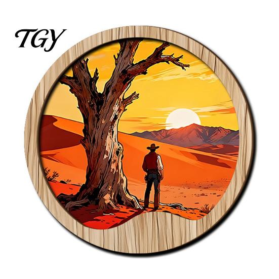 Rustic Wood Wall Sculptures Forest Sunset Scenery 2D Hanging, Boho Wooden Art Sign, Neutral Tone Ornaments Nature Tree Decor for Bedroom Living