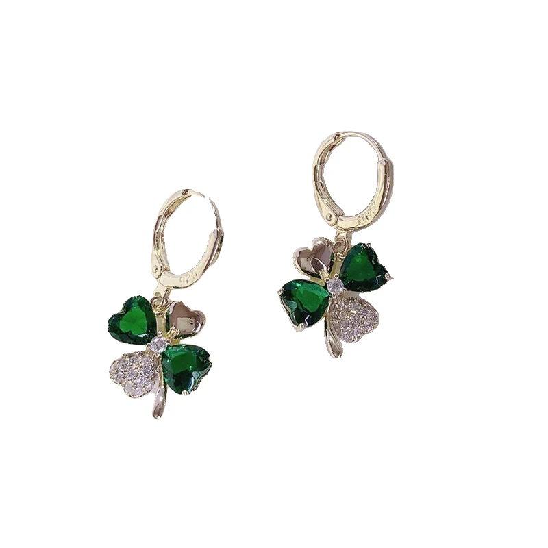 Elegant Green Four-Leaf Clover Micro-Inlaid Earrings - Trendy Japanese & Korean Design