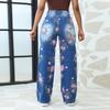 Синие цветочные карманы больших размеров, широкие брюки для женщин, джинсы