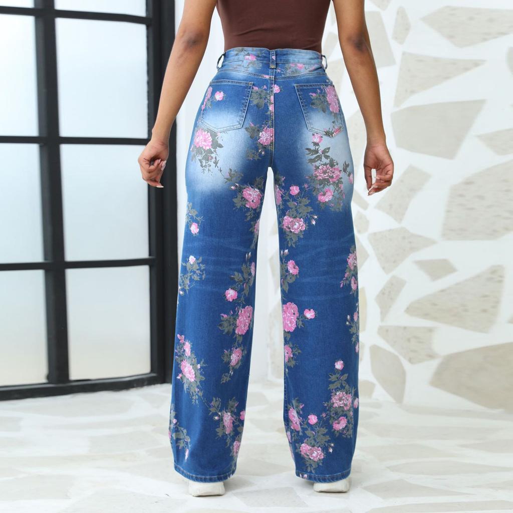 Синие цветочные карманы больших размеров, широкие брюки для женщин, джинсы
