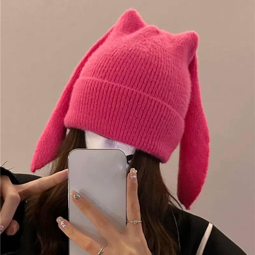 Long Ears Rabbit Knitted Hat Winter Warm Pullover Hat Cute Earflap Hat Women