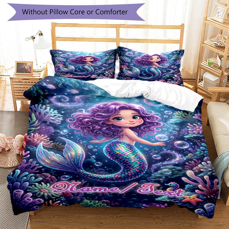 3PC Custom Name Mermaid Dreams Underwater Bedding Set Duvet Cover Closure Includes 1 Duvet Cover & 2 Pillowcases for Bedroom