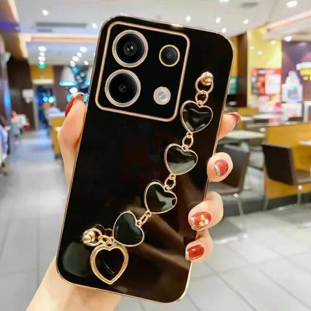 Для POCO X6 Pro M6 Pro чехол с браслетом в форме сердца, чехол с цепочкой на запястье для Xiaomi Mi POCO F5 X5, гальванический противоударный мягкий силиконовый чехол для телефона