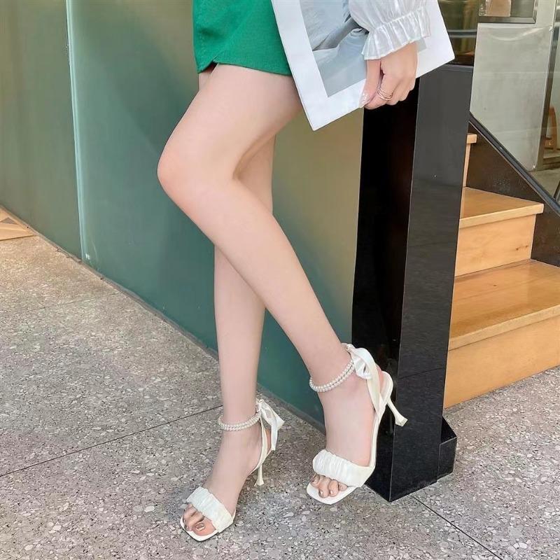 Fashion Sandals Women's 2024 Summer New Thin Heel Pearl Bow French Square Head High Heels