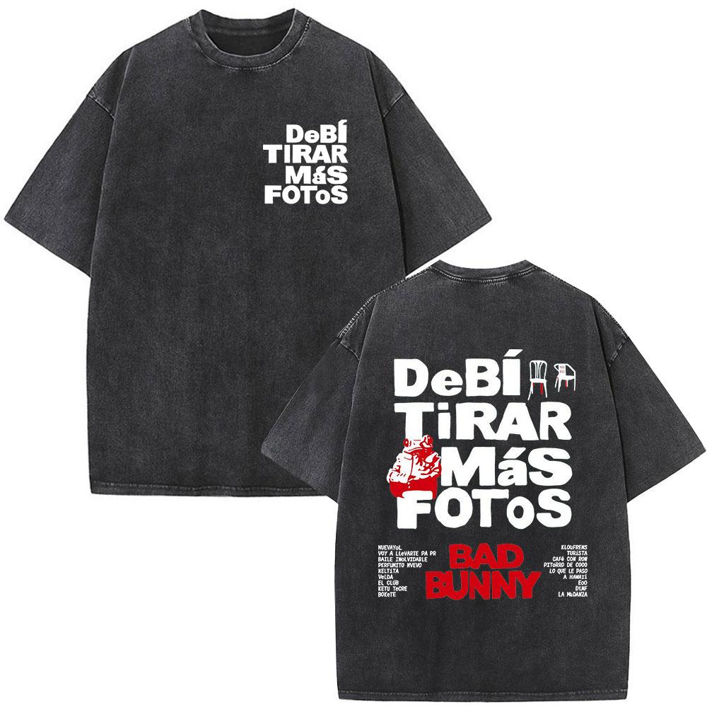 Rapper Bad Bunny Vintage Washed T Shirts Debi Tirar Mas Fotos DTMF Album Tshirts Mens Clothing Fashion Hip Hop Cotton Tshirt