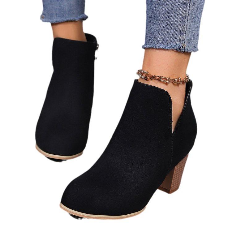 Осень и зима новая мода острый носок боковая молния толстый высокий каблук модный повседневный большой размер женский глубокий вырез мода