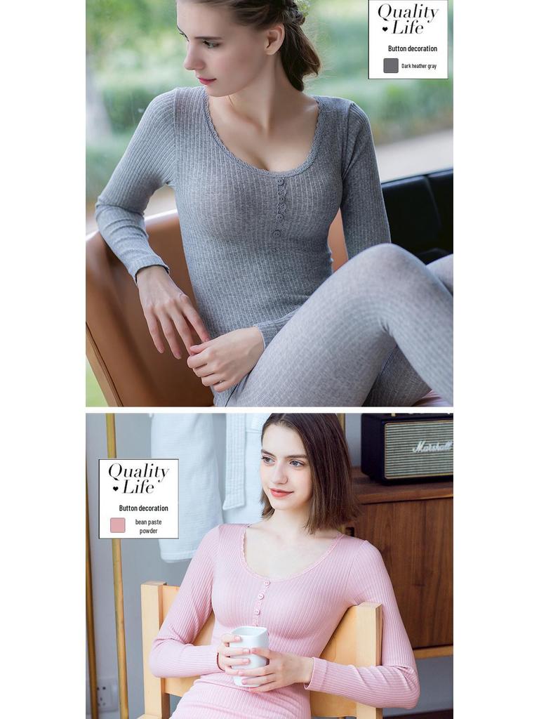 Женский Хлопково-Шерстяной Комплект для Похудения: Полосатые осенние брюки и теплый корректирующий нижний бельевой свитер